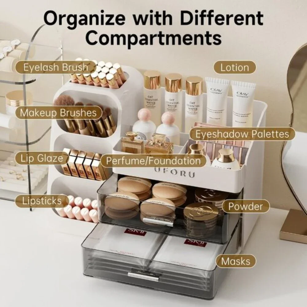 New White Makeup Organizer with Drawers for Vanity, Skincare & Beauty Essentials